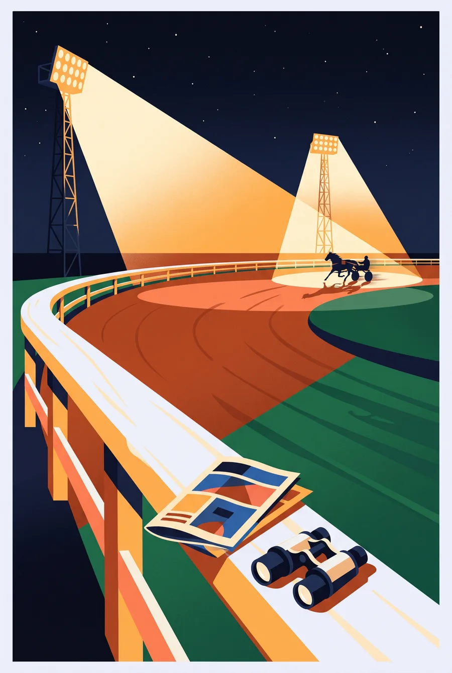 Illustration of a race programme and binoculars resting on the rail of a floodlit harness track at night, a horse and sulky on the far turn
