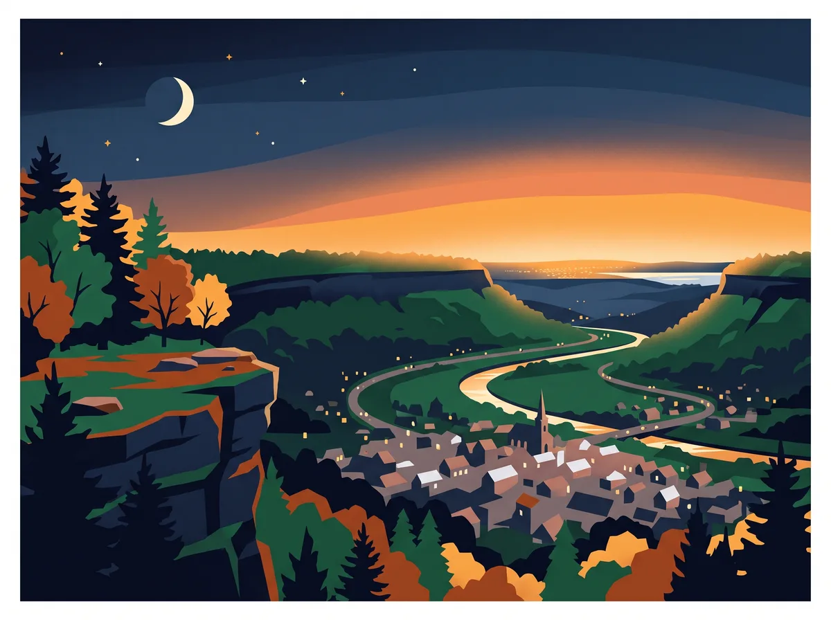 Stylised illustration of the wooded Niagara Escarpment above the Dundas valley at dusk, with small town lights in the valley below